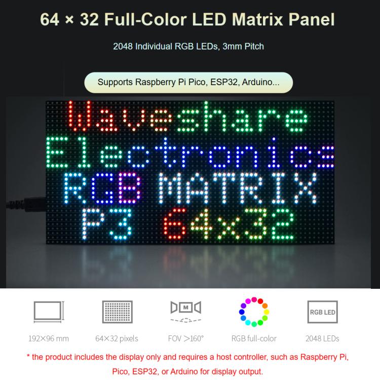 Waveshare RGB Full-color LED Matrix Panel, 3mm Pitch, 64 × 32 Pixels, Adjustable Brightness,, Standard Version, GOB Version