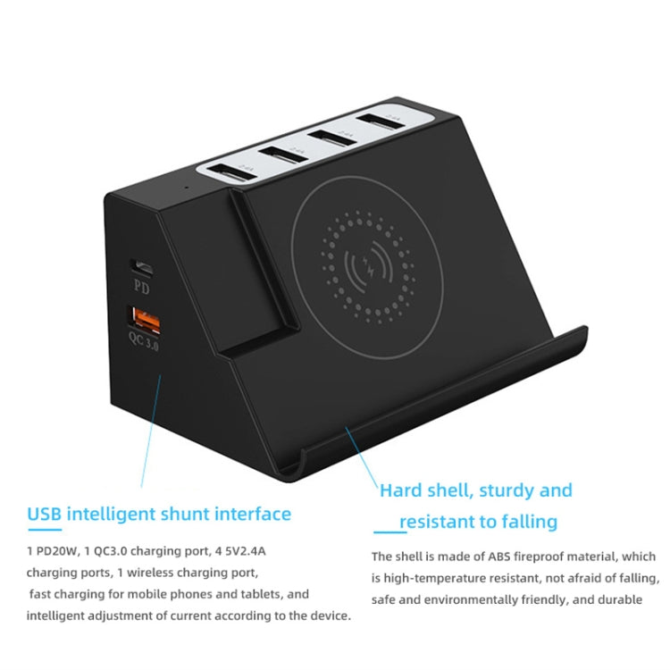 PD 20 W + ricarica wireless QC 3.0 + caricabatterie multifunzione a 6 porte, Black