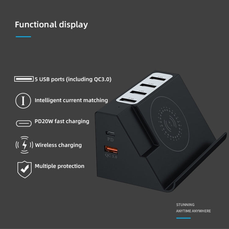 PD 20 W + ricarica wireless QC 3.0 + caricabatterie multifunzione a 6 porte, Black