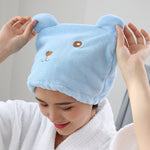 Cuffia per asciugare i capelli in velluto corallo ispessito con orso dei cartoni animati, forte turbante ad asciugatura rapida che assorbe l'acqua