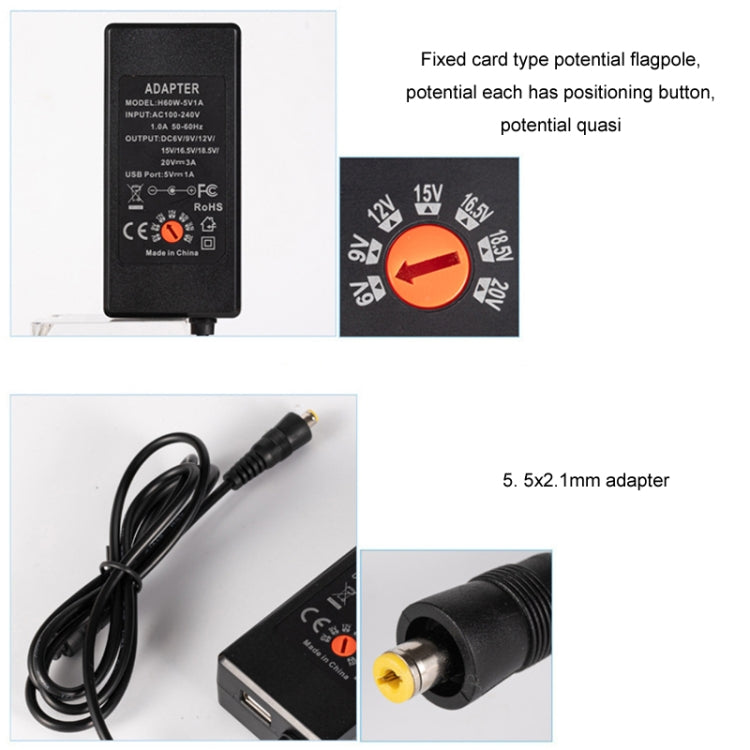 Caricatore adattatore di alimentazione CC regolabile 3A da 65 W 6-20 V, US Plug, EU Plug, UK Plug Small, AU Plug, UK Plug Large
