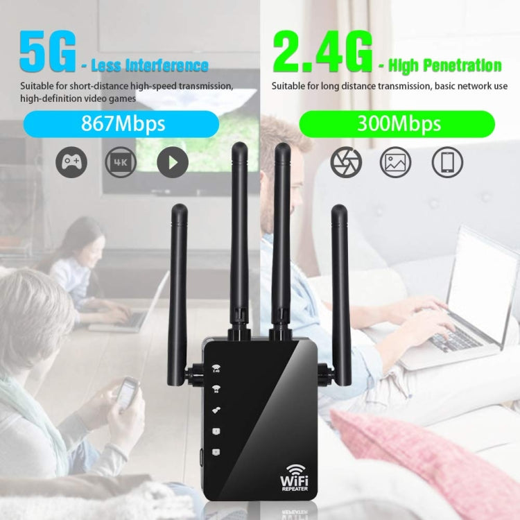 Ripetitore WiFi Range Extender WiFi 5G/2.4G 1200Mbps con 2 porte Ethernet, US Plug Black, EU Plug White, EU Plug Black, US Plug White