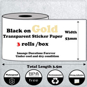 3 rotoli/pacco Phomemo per M02 / M02S / M02Pro Carta da stampa termica per etichette da 50 mm per stampante adesiva con lettera nera su sfondo in polvere d'oro, Gold Powder Bottom