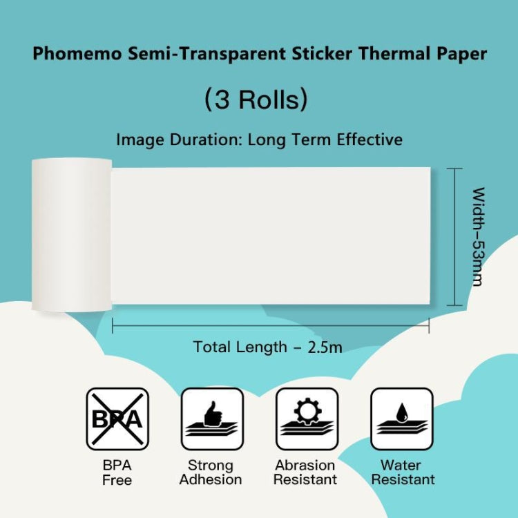 3 rotoli carta termica 50mm per stampanti Phomemo M02 e M03