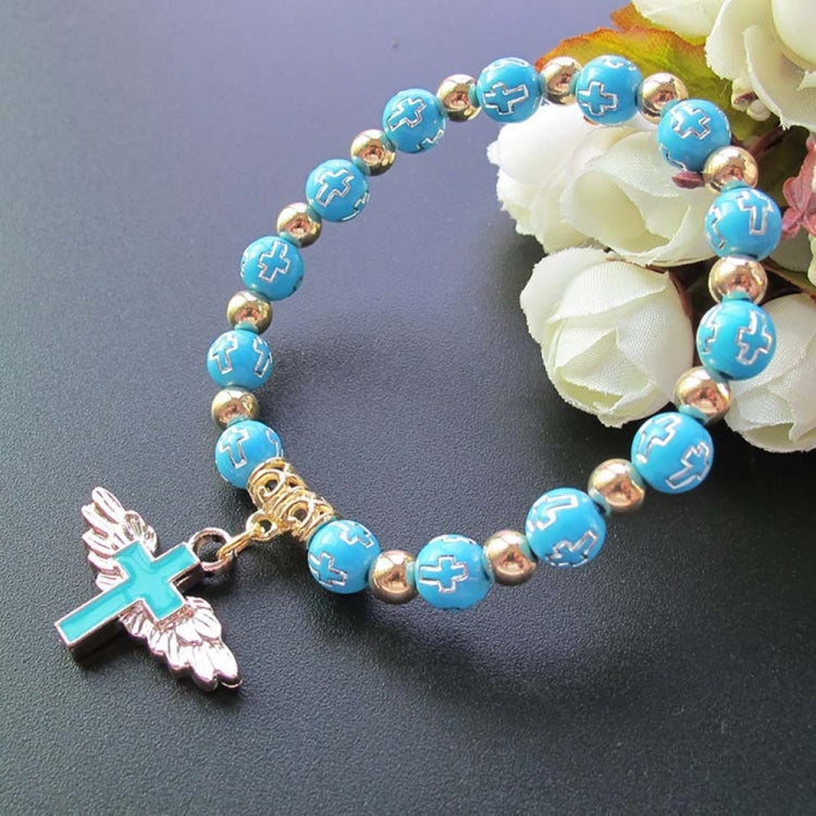 Bracciale con perline con croce d'angelo in acrilico stampato oro, Blue, White, Pink, Silver