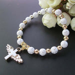 Bracciale con perline con croce d'angelo in acrilico stampato oro, Blue, White, Pink, Silver