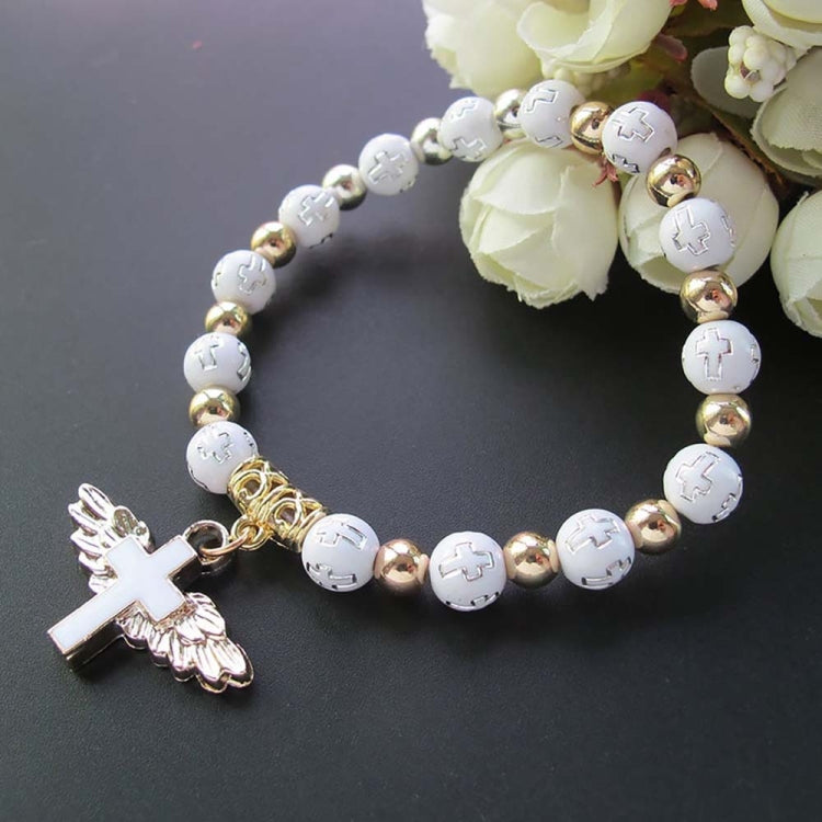 Bracciale con perline con croce d'angelo in acrilico stampato oro, Blue, White, Pink, Silver