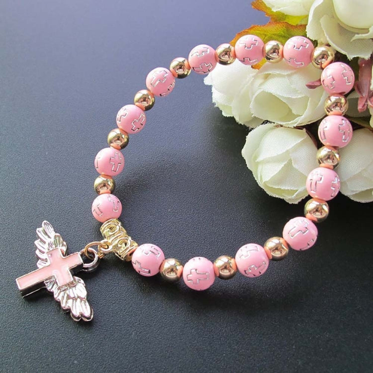 Bracciale con perline con croce d'angelo in acrilico stampato oro, Blue, White, Pink, Silver