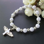 Bracciale con perline con croce d'angelo in acrilico stampato oro, Blue, White, Pink, Silver