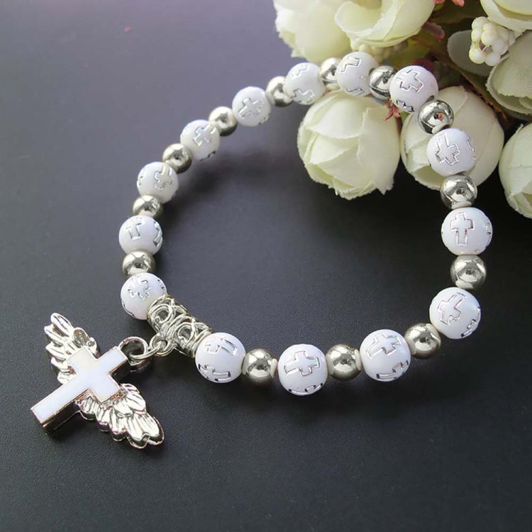 Bracciale con perline con croce d'angelo in acrilico stampato oro, Blue, White, Pink, Silver
