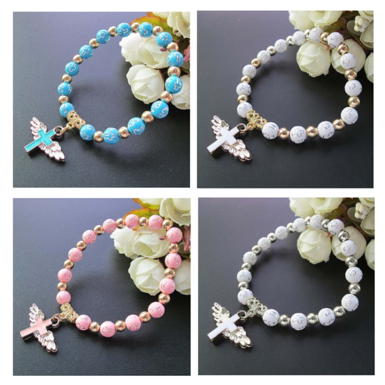Bracciale con perline con croce d'angelo in acrilico stampato oro, Blue, White, Pink, Silver