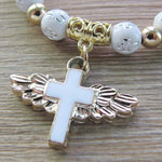 Bracciale con perline con croce d'angelo in acrilico stampato oro, Blue, White, Pink, Silver