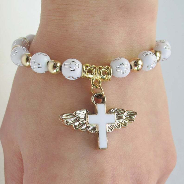 Bracciale con perline con croce d'angelo in acrilico stampato oro, Blue, White, Pink, Silver