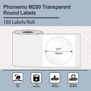 180 pezzi/rotolo Phomemo per stampante M110/M200 etichetta autoadesiva trasparente circolare 40X40mm, 180pcs /Roll 40x40mm Circular Transparent