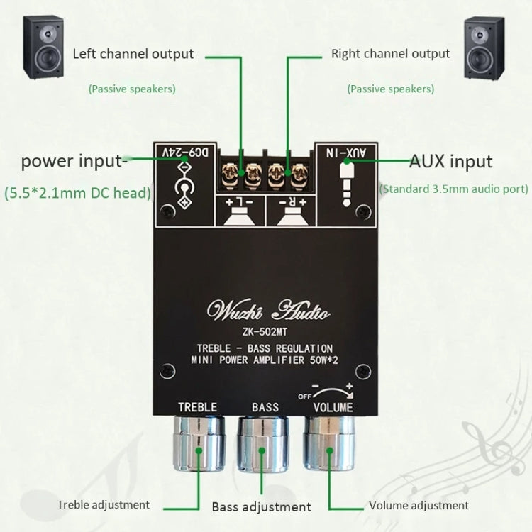 ZK-502MT Modulo tubo di alimentazione HIFI digitale audio Bluetooth 50W x 2 2.0, ZK-502MT