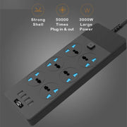 TB-T12 3000 W 2 m 4 porte USB + presa ignifuga multifunzione a 6 jack con interruttore, UK Plug, EU Plug, US Plug