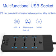 TB-T12 3000 W 2 m 4 porte USB + presa ignifuga multifunzione a 6 jack con interruttore, UK Plug, EU Plug, US Plug
