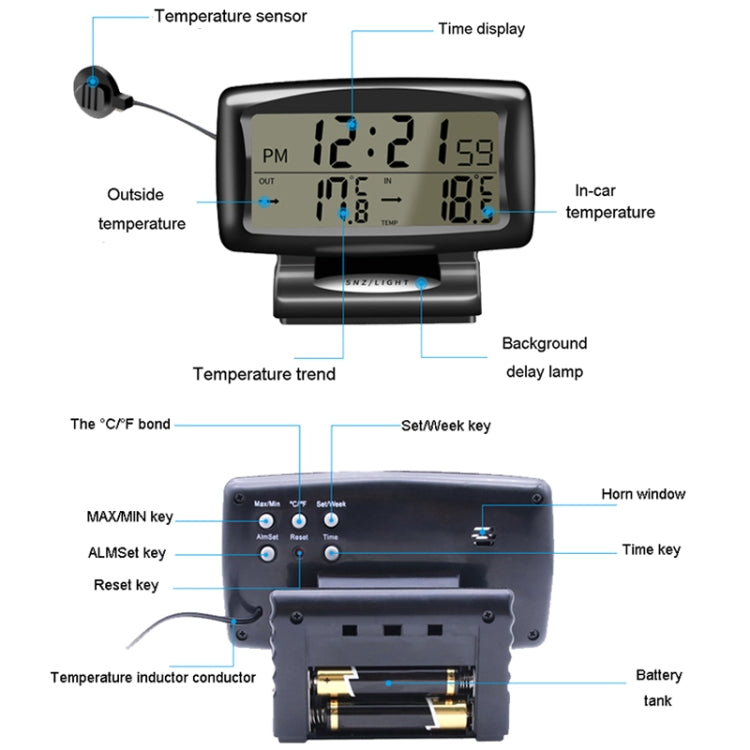 Orologio da auto LCD con luce notturna Elettronica automobilistica Doppio termometro interno ed esterno, 2 in 1 Black