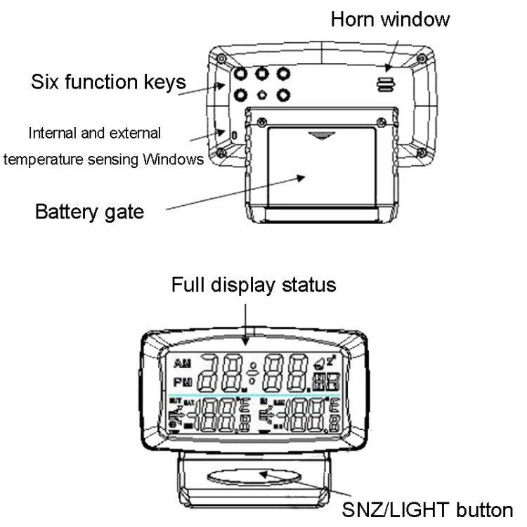 Orologio da auto LCD con luce notturna Elettronica automobilistica Doppio termometro interno ed esterno, 2 in 1 Black