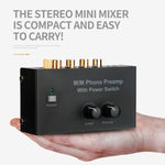 Preamplificatore per giradischi vinile con connettori RCA e TRS