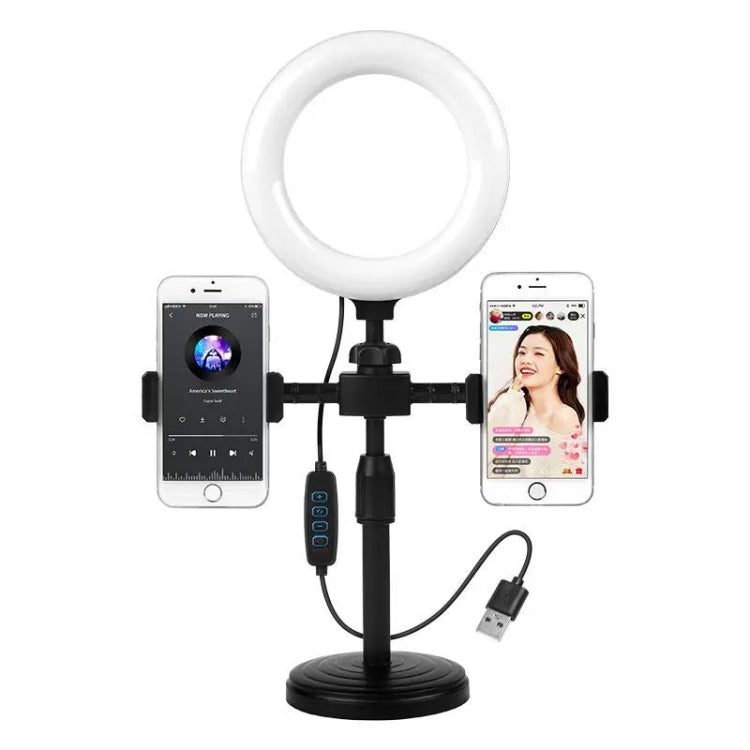 Supporto per streaming live per telefono cellulare da tavolo con piastra rotonda Supporto portatile per selfie con luce di riempimento da 6 pollici, Double-machine Position