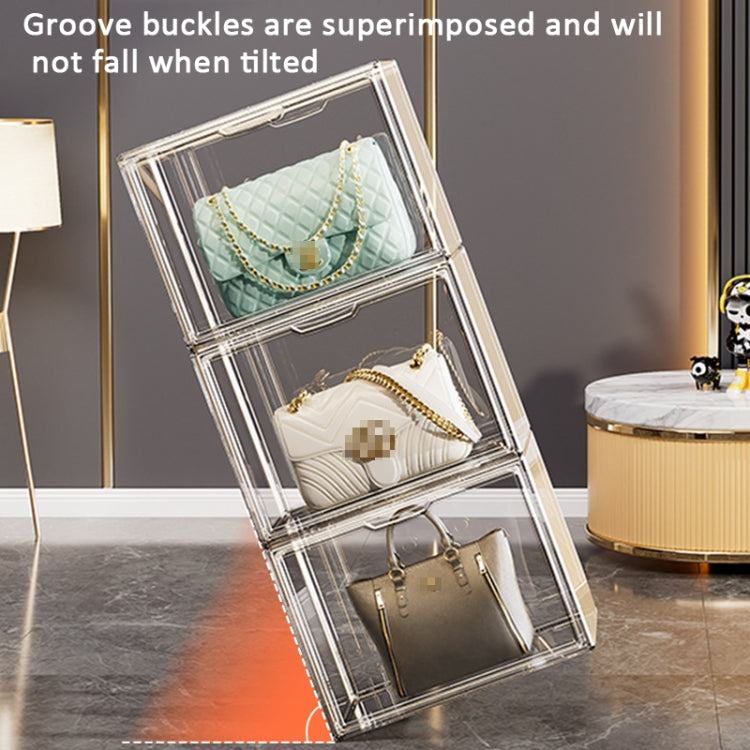 Espositore per borse con libreria ad aspirazione magnetica, scatola portaoggetti trasparente impilabile, No Partitions, Single Partition, Double Partition, Three Partitions, Side Opening