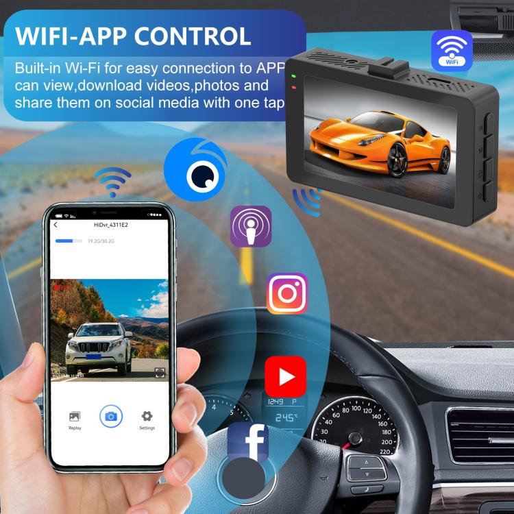 Videoregistratore di guida con doppia lente da 3 pollici: anteriore 4K + posteriore 2K HD con connessione Wi-Fi., A5