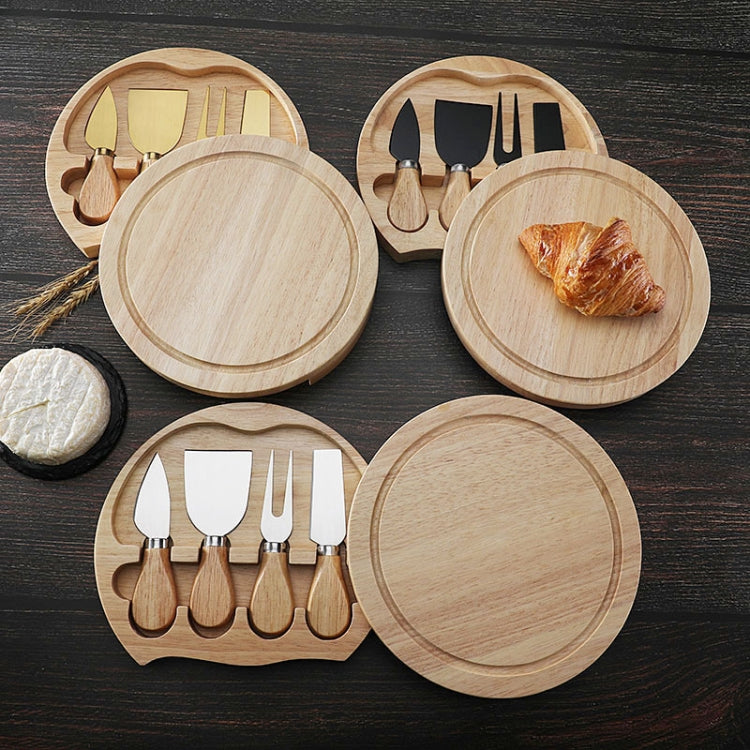 4 pz/set scatola rotonda in quercia coltello da formaggio spatola utensili da formaggio in acciaio inossidabile posate, Steel Color, Black, Gold