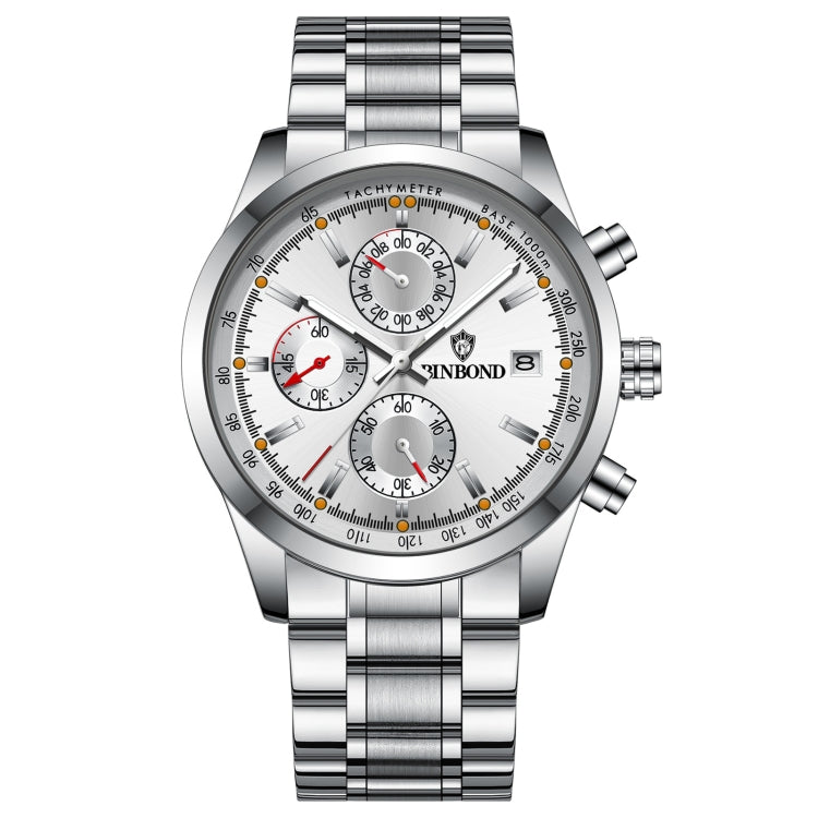 BINBOND B6022 Orologio al quarzo multifunzionale luminoso impermeabile da 30 m, Leather-White Steel-Black, Leather-White Steel-Blue, Leather-White Steel-Green, Leather-White Steel-White, Leather-Black Steel-Black, White Steel-Black, White Steel-Blue   ...