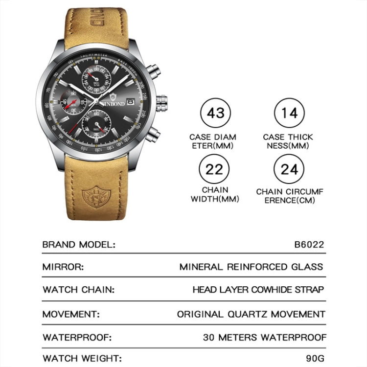 BINBOND B6022 Orologio al quarzo multifunzionale luminoso impermeabile da 30 m, Leather-White Steel-Black, Leather-White Steel-Blue, Leather-White Steel-Green, Leather-White Steel-White, Leather-Black Steel-Black, White Steel-Black, White Steel-Blue   ...