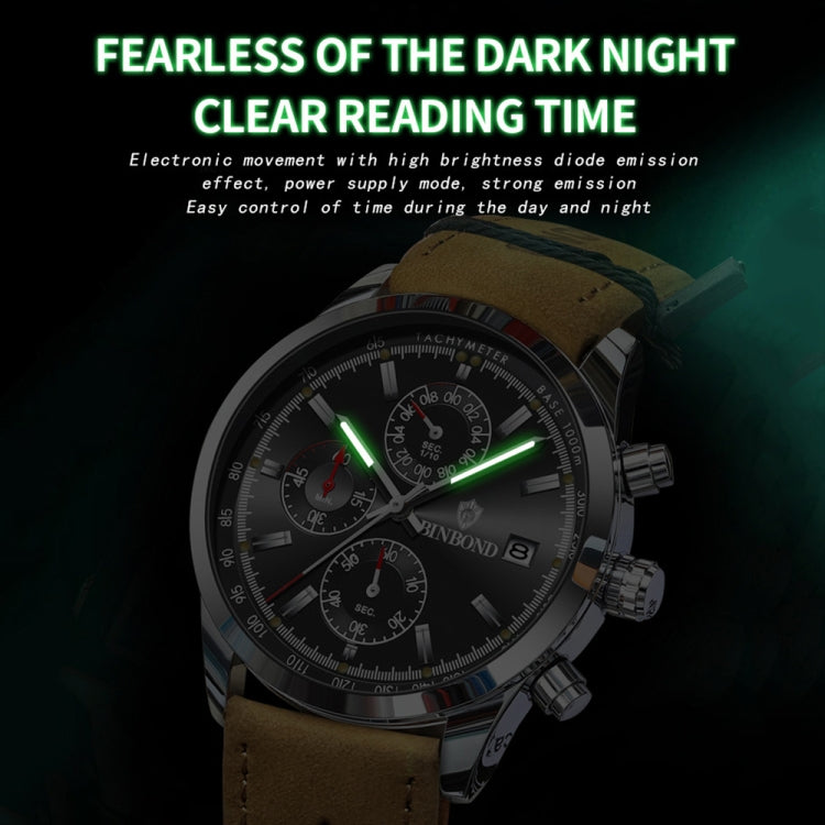 BINBOND B6022 Orologio al quarzo multifunzionale luminoso impermeabile da 30 m, Leather-White Steel-Black, Leather-White Steel-Blue, Leather-White Steel-Green, Leather-White Steel-White, Leather-Black Steel-Black, White Steel-Black, White Steel-Blue   ...