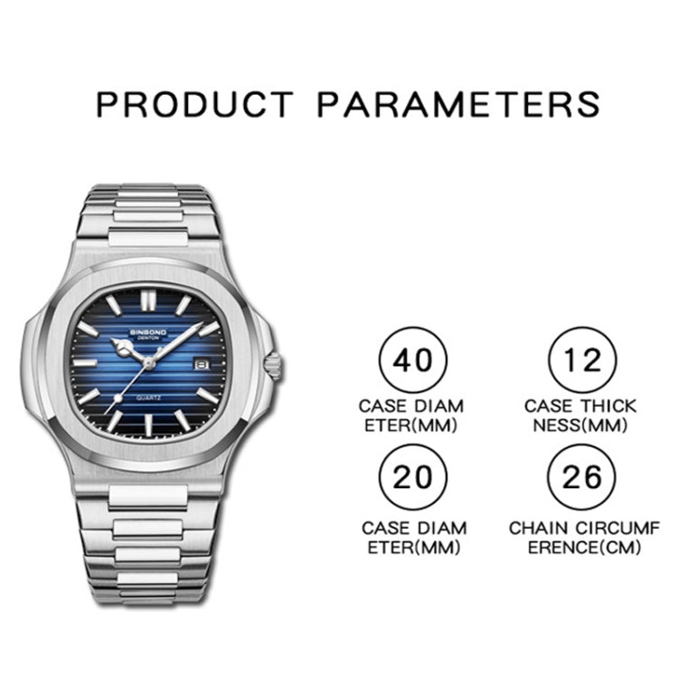 BINBOND B1885 Orologio al quarzo da uomo quadrato luminoso retrò impermeabile da 30 m, White Steel-Blue, White Steel-Black, White Steel-White, White Steel-Green, Rose Gold-Blue, Rose Gold-Black, Rose Gold-White, Black Steel-Black-White                 ...