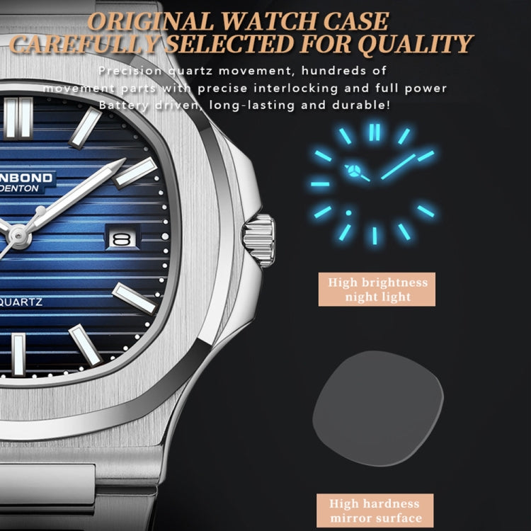 BINBOND B1885 Orologio al quarzo da uomo quadrato luminoso retrò impermeabile da 30 m, White Steel-Blue, White Steel-Black, White Steel-White, White Steel-Green, Rose Gold-Blue, Rose Gold-Black, Rose Gold-White, Black Steel-Black-White                 ...