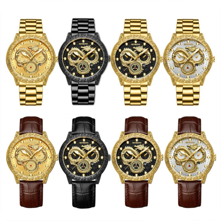 Orologio al quarzo impermeabile luminoso con drago in rilievo BINBOND B3030, Full-gold Gold, Full-gold Black, Full-gold White, Black Steel-Black, White Steel-Black, White Steel-White, Brown Leather-Full-gold-Gold, Brown Leather-Full-gold-Black         ...
