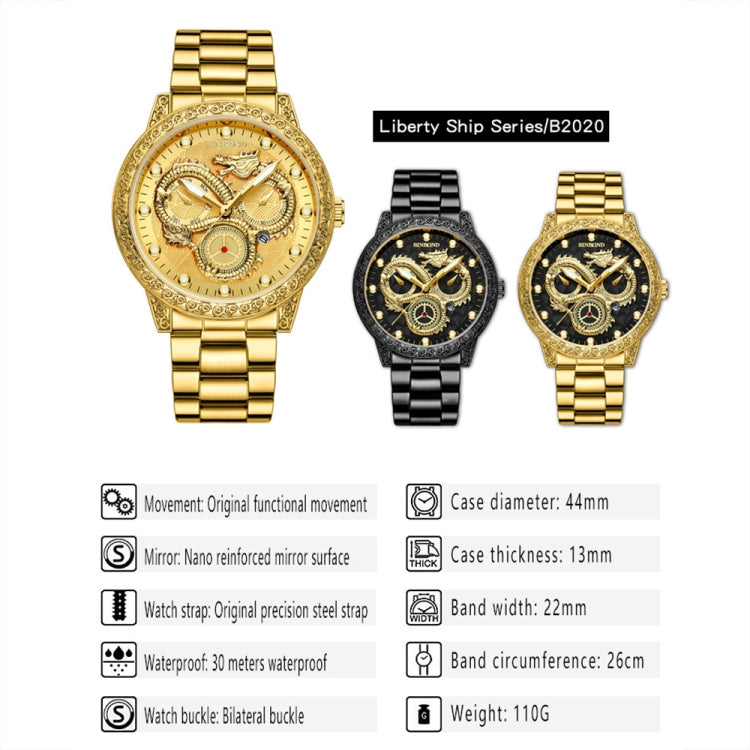 Orologio al quarzo impermeabile luminoso con drago in rilievo BINBOND B3030, Full-gold Gold, Full-gold Black, Full-gold White, Black Steel-Black, White Steel-Black, White Steel-White, Brown Leather-Full-gold-Gold, Brown Leather-Full-gold-Black         ...