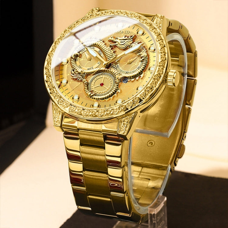 Orologio al quarzo impermeabile luminoso con drago in rilievo BINBOND B3030, Full-gold Gold, Full-gold Black, Full-gold White, Black Steel-Black, White Steel-Black, White Steel-White, Brown Leather-Full-gold-Gold, Brown Leather-Full-gold-Black         ...