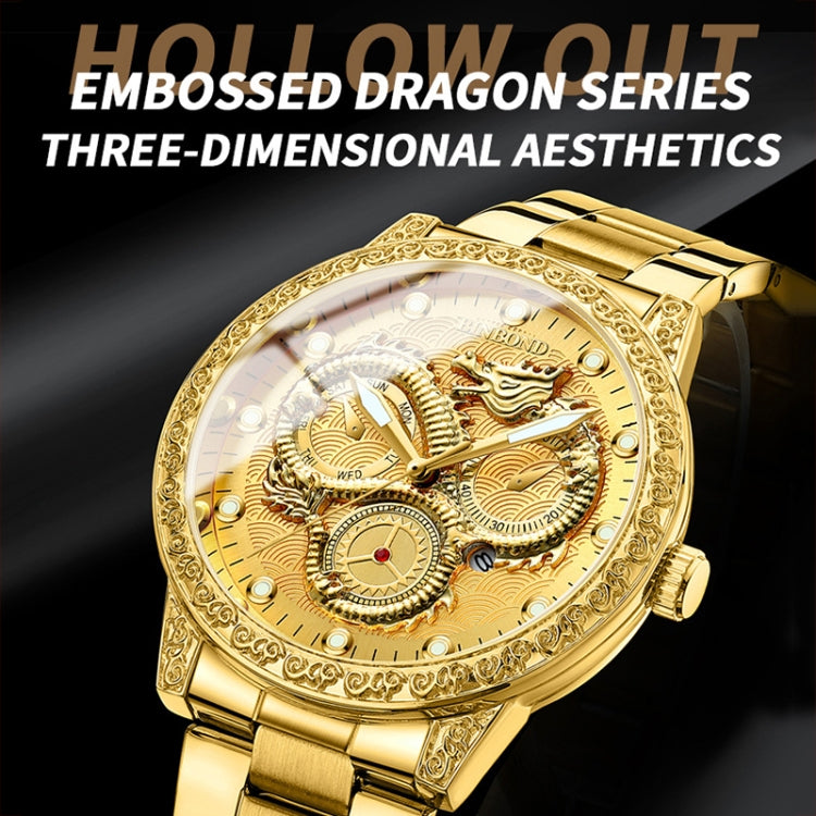 Orologio al quarzo impermeabile luminoso con drago in rilievo BINBOND B3030, Full-gold Gold, Full-gold Black, Full-gold White, Black Steel-Black, White Steel-Black, White Steel-White, Brown Leather-Full-gold-Gold, Brown Leather-Full-gold-Black         ...