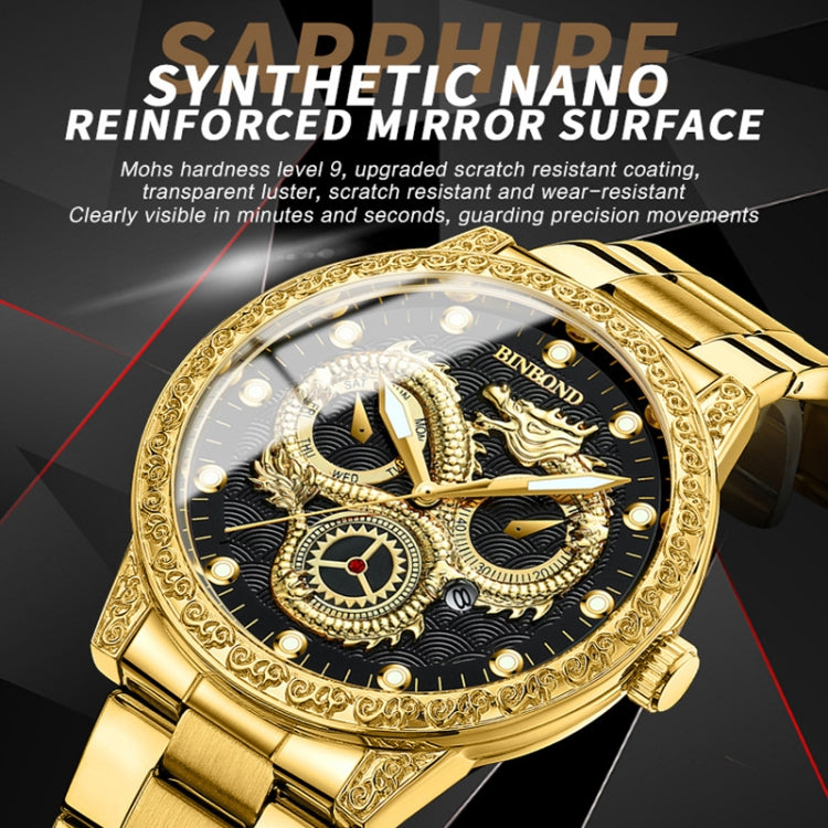 Orologio al quarzo impermeabile luminoso con drago in rilievo BINBOND B3030, Full-gold Gold, Full-gold Black, Full-gold White, Black Steel-Black, White Steel-Black, White Steel-White, Brown Leather-Full-gold-Gold, Brown Leather-Full-gold-Black         ...