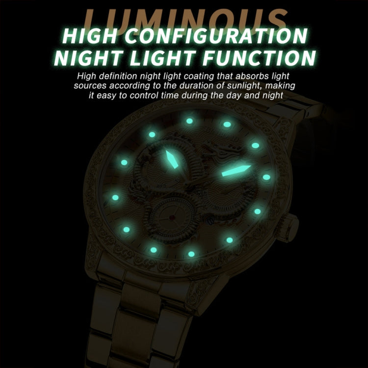 Orologio al quarzo impermeabile luminoso con drago in rilievo BINBOND B3030, Full-gold Gold, Full-gold Black, Full-gold White, Black Steel-Black, White Steel-Black, White Steel-White, Brown Leather-Full-gold-Gold, Brown Leather-Full-gold-Black         ...