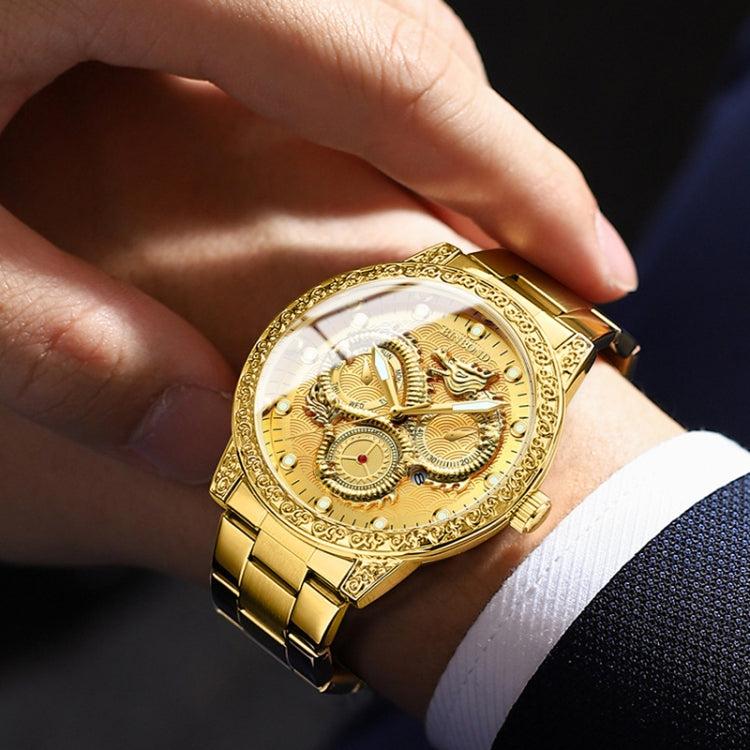 Orologio al quarzo impermeabile luminoso con drago in rilievo BINBOND B3030, Full-gold Gold, Full-gold Black, Full-gold White, Black Steel-Black, White Steel-Black, White Steel-White, Brown Leather-Full-gold-Gold, Brown Leather-Full-gold-Black         ...