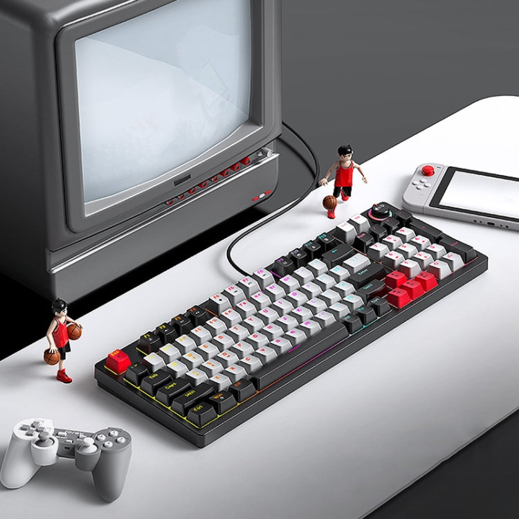 T-WOLF T50 Tastiera meccanica da gioco con abbinamento colori luminoso RGB a 97 tasti con manopola, Black A, Black B, White A, White B