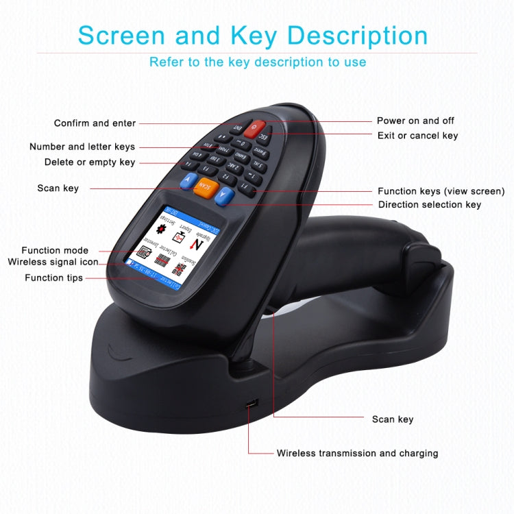 Raccoglitore dati scanner per lettore di codici a barre wireless con schermo LCD da 2,2 pollici, 1D Laser, 1D CCD Red Light, 2D