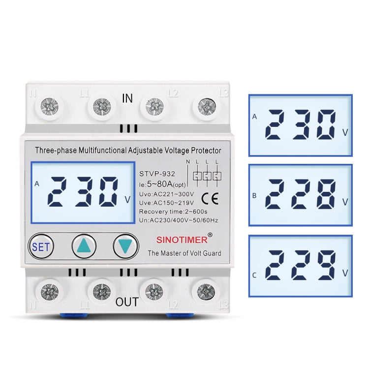 Protezione da sovratensione regolabile con ripristino automatico LCD trifase 380 V, SINOTIMER STVP-932 40A, SINOTIMER STVP-932 50A, SINOTIMER STVP-932 63A, SINOTIMER STVP-932 80A