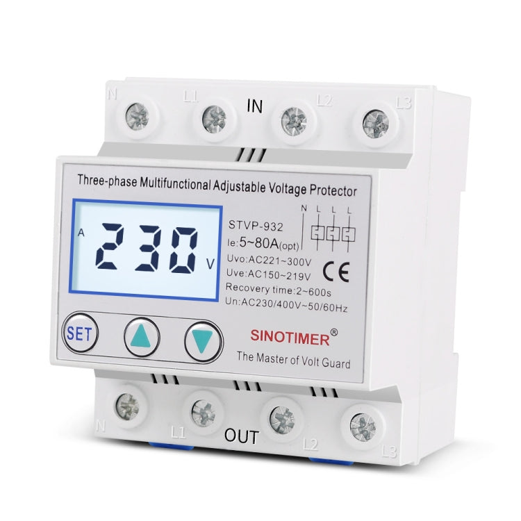 Protezione da sovratensione regolabile con ripristino automatico LCD trifase 380 V, SINOTIMER STVP-932 40A, SINOTIMER STVP-932 50A, SINOTIMER STVP-932 63A, SINOTIMER STVP-932 80A