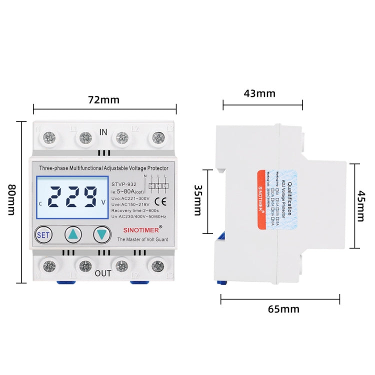 Protezione da sovratensione regolabile con ripristino automatico LCD trifase 380 V, SINOTIMER STVP-932 40A, SINOTIMER STVP-932 50A, SINOTIMER STVP-932 63A, SINOTIMER STVP-932 80A