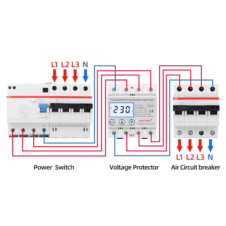 Protezione da sovratensione regolabile con ripristino automatico LCD trifase 380 V, SINOTIMER STVP-932 40A, SINOTIMER STVP-932 50A, SINOTIMER STVP-932 63A, SINOTIMER STVP-932 80A