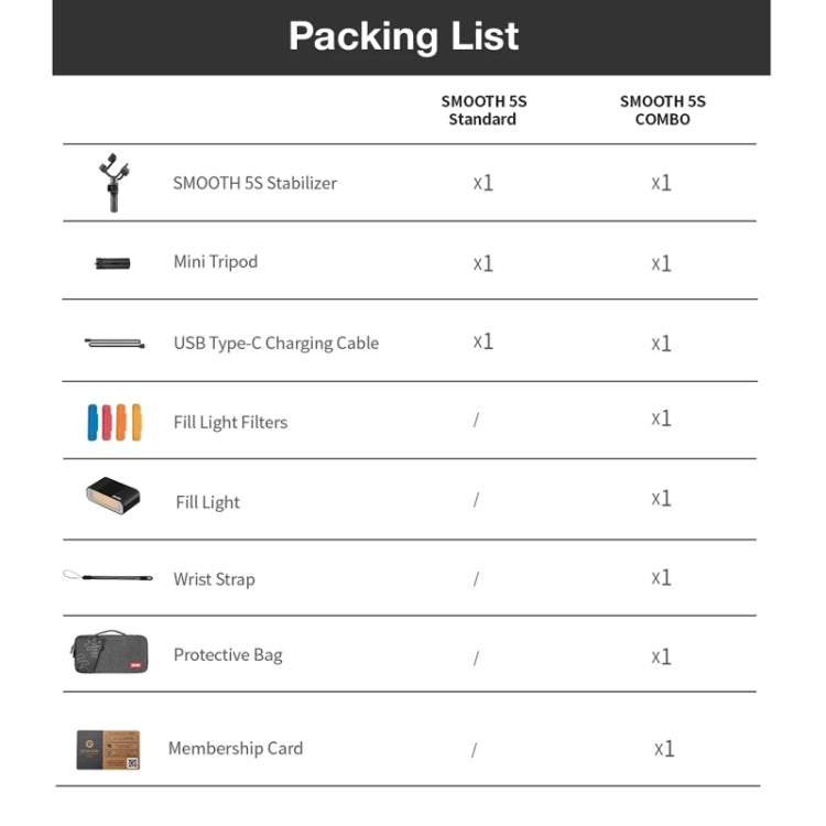 Stabilizzatore cardanico portatile per smartphone a 3 assi ZHIYUN Smooth 5S, Smooth 5S Standard Black, Smooth 5S Standard White, Smooth 5S Combo Black, Smooth 5S Combo White