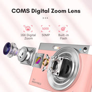 Fotocamera HD da 50 MP Fotocamera autoscatto video 4K retrò Vlog, Black, Pink, White