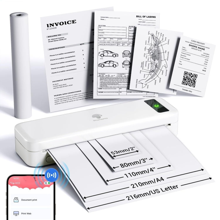 La stampante termica wireless Bluetooth Phomemo M835 supporta carta termica multiformato, M835