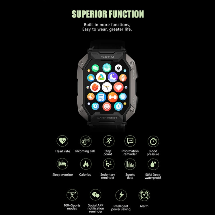 C20Plus Orologio intelligente per chiamate Bluetooth impermeabile con monitoraggio sanitario da 1,81 pollici, Black, Green, Camouflage Black, Camouflage Green, Black Leather, Brown Leather, Black Steel, Black Bamboo Knot, Black 3-Beads